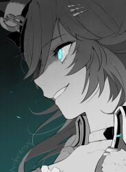  1girl aqua_background artist_name blue_eyes choker collarbone collared_jacket commentary evil_grin evil_smile glowing glowing_eyes greyscale_with_colored_background grin hair_ornament hairclip hat jacket looking_ahead mini_hat mini_top_hat mr._c.b._(clear_bliss)_(umamusume) mr._c.b._(umamusume) mukakin open_clothes open_jacket parallel_hairclips portrait smile solo top_hat umamusume 