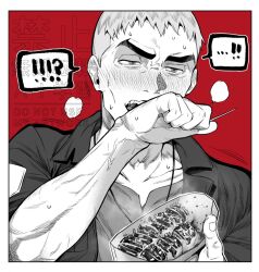  ! 1boy ? blush border cheekbones covering_own_mouth food greyscale_with_colored_background hand_over_own_mouth holding holding_food jacket jewelry male_focus nanu_(pokemon) nazuka_jyo old old_man open_clothes open_jacket pendant pokemon pokemon_sm portrait red_background shirt short_hair simple_background solo speech_bubble spoken_exclamation_mark spoken_question_mark takoyaki watermark white_border 