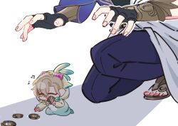  2boys aventurine_(honkai:_star_rail) bird_costume black_gloves blonde_hair blue_pants closed_eyes coin dr._ratio_(honkai:_star_rail) eyewear_on_head fingerless_gloves gloves holding holding_coin honkai:_star_rail honkai_(series) hood hood_up mini_person miniboy multiple_boys musical_note open_mouth pants parted_lips pink-tinted_eyewear sandals shadow short_hair simple_background smile sparkle tinted_eyewear very_hato white_background 