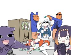  4girls :d bare_shoulders black_dress black_gloves blue_hair blue_hoodie blue_jacket brown_hair ceres_fauna ceres_fauna_(1st_costume) chef_hat closed_mouth commentary detached_sleeves drawstring dress fang fong_(fongthe0125) gawr_gura gawr_gura_(1st_costume) gloves gradient_hair hashtag-only_commentary hat highres hololive hololive_english hood hood_down hoodie interlocked_fingers jacket knees_together_feet_apart long_sleeves lying mini_hat monopoly multicolored_hair multiple_girls ninomae_ina&#039;nis ninomae_ina&#039;nis_(1st_costume) on_side open_clothes open_jacket open_mouth orange_hair orange_shorts outstretched_arms own_hands_clasped own_hands_together puffy_long_sleeves puffy_sleeves purple_hair red_hat shorts smile strapless strapless_dress streaked_hair sunglasses symbol-only_commentary takanashi_kiara takanashi_kiara_(1st_costume) takodachi_(ninomae_ina&#039;nis) thigh-highs virtual_youtuber wavy_eyes wavy_mouth white_background white_hair white_hat white_sleeves white_thighhighs 