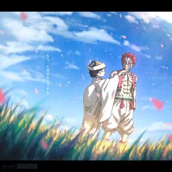  1boy 1girl abs absurdres akaza_(kimetsu_no_yaiba) anklet bead_anklet beads black_border black_hair blue_sclera body_markings border bride closed_eyes clouds cloudy_sky colored_sclera couple cropped_vest demon_boy facial_mark falling_petals hand_on_another&#039;s_chin hetero highres japanese_clothes jewelry kimetsu_no_yaiba kimono koyuki_(kimetsu_no_yaiba) noah_(rokoroko) outdoors pants parted_lips petals pink_petals red_hair red_vest short_hair sky smile tassel uchikake updo vest white_kimono white_pants yellow_eyes 