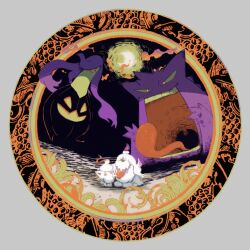  alternate_color crescent_moon dog floating fox full_body gengar gigantamax_gengar gourgeist greavard grey_background hisuian_zorua isutai jack-o&#039;-lantern long_hair looking_at_another looking_at_viewer moon no_humans open_mouth pokemon pokemon_(creature) prehensile_hair pumpkin purple_hair red_clouds shiny_pokemon simple_background standing tongue white_fur yellow_eyes 