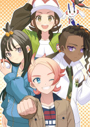  2boys 2girls ahoge arm_up black_hair blonde_hair blue_eyes blue_hoodie blush brown_hair brown_jacket clenched_hand closed_mouth collared_shirt commentary_request dark-skinned_male dark_skin earclip floette floette_(eternal) green_jacket green_necktie grey_eyes grin harmony_(pokemon) hat highres holding holding_poke_ball hood hoodie jacket lida_(pokemon) long_hair multiple_boys multiple_girls naveen_(pokemon) necktie one_eye_closed orange_vest outstretched_arm pechi_(peeechika) poke_ball poke_ball_(basic) pokemon pokemon_legends:_z-a print_shirt shirt smile teeth topknot urbain_(pokemon) vest white_hat white_jacket white_shirt 