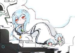  1girl ayanami_rei blue_hair bodysuit closed_mouth expressionless hair_between_eyes http_oopsy long_hair looking_to_the_side lying mecha_pilot_suit neon_genesis_evangelion on_back plugsuit_(evangelion) red_eyes solo suit white_bodysuit white_suit 