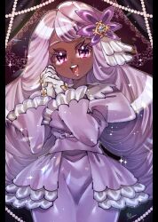  1girl bow center_frills colored_eyelashes cowboy_shot dark-skinned_female dark_skin dress fascinator frilled_dress frills gem glove_bow gloves hands_up highres jacinthe_(pokemon) juliet_sleeves lace long_eyelashes long_hair long_sleeves looking_at_viewer low_drills mega_stone open_mouth own_hands_clasped own_hands_together pearl_(gemstone) pokemon pokemon_legends:_z-a puffy_sleeves purple_hair rukiko_katushika smile sparkle teeth very_dark_skin violet_eyes white_gloves yellow_bow 