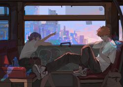  1boy 1girl absurdres backpack bag bare_arms bare_legs black_shorts blonde_hair bouquet brown_bag building chainsaw_man chair chinese_commentary city cityscape commentary dated denji_(chainsaw_man) feet_on_chair green_eyes grey_pants highres holding holding_bouquet hologram limit932 mouse_(animal) outstretched_arm pants purple_hair reze_(chainsaw_man) shirt shoes short_hair shorts signature sitting skyscraper sleeveless sleeveless_shirt sneakers t-shirt train train_interior twilight white_shirt white_shoes 