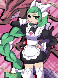  1girl apron black_romper bow bowtie braid braided_ponytail closed_mouth colored_sclera dragalge green_hair green_nails grey_eyes highres leafy_seadragon lebanne_(pokemon) long_hair long_sleeves looking_at_viewer maid maid_apron maid_headdress mega_stone pink_lips pokemon pokemon_(creature) pokemon_legends:_z-a puffy_sleeves red_sclera romper saki_pokeoekaki thigh-highs very_long_hair white_bow white_bowtie white_thighhighs 