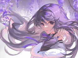  1girl akemi_homura black_capelet black_hairband bow bowtie capelet chinese_commentary collared_capelet colored_inner_hair commentary_request diamond_(gemstone) dress expressionless eyelashes floating_hair floral_background flower gem grey_capelet hair_between_eyes hair_intakes hairband hand_in_own_hair hand_jewel hei_yu highres layered_sleeves lips long_hair long_sleeves magical_girl mahou_shoujo_madoka_magica mahou_shoujo_madoka_magica_(anime) multicolored_hair parted_lips pointy_nose purple_bow purple_bowtie purple_flower purple_gemstone purple_hair solo two-tone_capelet upper_body very_long_hair violet_eyes white_background white_dress wisteria 