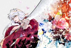  108_(toowa) 1boy 1girl animal_ears bead_necklace beads black_hair bow_(weapon) commentary_request dog_boy dog_ears green_sailor_collar hair_between_eyes higurashi_kagome holding holding_sword holding_weapon inuyasha inuyasha_(character) japanese_clothes jewelry kimono long_hair long_sleeves necklace open_mouth red_kimono sailor_collar sailor_shirt school_uniform shirt sword teeth tessaiga upper_teeth_only very_long_hair weapon white_hair white_shirt wide_sleeves yellow_eyes 