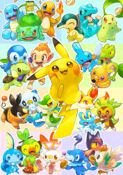  absurdres blue_eyes border bright_pupils brown_eyes bulbasaur charmander chespin chikorita chimchar chips_(food) commentary_request curry curry_rice cyndaquil fennekin fire flame-tipped_tail food froakie grookey highres holding holding_food ice_cream litten mudkip no_humans onigiri open_mouth oshawott pikachu piplup plant pokemon pokemon_(creature) pokemon_day popplio popsicle rice rowlet scorbunny snivy sobble squirtle starter_pokemon_trio steamed_bun tail tepig toneko torchic totodile treecko turtwig vines violet_eyes white_border white_pupils 