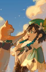  2boys animal beret black_hair blue_hair braid cat clouds cloudy_sky colored_tips d_ying5022 genshin_impact gloves green_eyes green_hat hair_between_eyes hat highres holding holding_animal holding_cat male_focus multicolored_hair multiple_boys open_mouth outstretched_paw side_braid sky sweatdrop twin_braids twitter_username upper_body venti_(genshin_impact) xiao_(genshin_impact) 