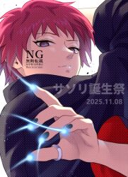  1boy akatsuki_uniform bitou black_nails brown_eyes dated happy_birthday long_sleeves looking_at_viewer male_focus naruto_(series) naruto_shippuuden puppet_strings red_hair sasori_(naruto) short_hair solo upper_body white_background 