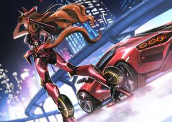  1girl android animal_ears breasts brown_hair car cyborg highres highway horse_ears horse_girl horse_tail lamborghini_countach lamborghini_countach_lpi_800-4 long_hair maruzensky_(umamusume) mecha_musume motor_vehicle night ponpochi solo sports_car tail umamusume 