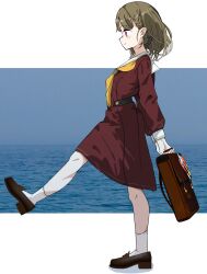  1girl absurdres badge black_bow bow briefcase brown_dress brown_hair brown_shoes button_badge closed_mouth commentary_request dress expressionless hair_bow hasu_no_sora_school_uniform highres holding holding_briefcase kachimachi_kosuzu leg_up letterboxed link!_like!_love_live! llb loafers long_hair long_sleeves looking_ahead love_live! medium_dress neckerchief outside_border photo_background pink_eyes pleated_dress profile sailor_collar sailor_dress school_briefcase school_uniform shoes sidelighting socks solo virtual_youtuber walking white_sailor_collar white_socks winter_uniform yellow_neckerchief 