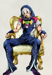  1boy absurdres araki_hirohiko_(style) bell-bottoms belt blue_bridal_gauntlets blue_overalls braid bridal_gauntlets chair commentary_request earrings faux_traditional_media full_body green_eyes grey_shirt heart_ornament highres hood hood_up hooded_overalls jewelry jodio_joestar jojo_no_kimyou_na_bouken kaib0y long_bangs long_hair looking_at_viewer makeup male_focus medium_hair overalls pants parted_lips purple_belt purple_shoes shirt shoes short_sleeves side_braid single_earring sitting solo teeth the_jojolands very_long_hair white_hair wing_ornament yellow_lips 