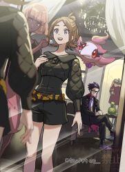  1boy 2girls belt black_shirt black_shorts brown_hair budew chair chandelier commentary_request corbeau_(pokemon) crossed_legs curtains earrings eyelashes harmony_(pokemon) indesign indoors jewelry mirror multiple_girls pokemon pokemon_(creature) pokemon_legends:_z-a reflection shirt short_hair shorts spritzee watermark 