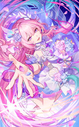  1girl absurdres aqua_hair blue_flower bouquet commentary_request cyrene_(honkai:_star_rail) cyrene_(ripples_of_past_reverie)_(honkai:_star_rail) dress flower gradient_hair hair_flower hair_ornament highres holding holding_bouquet honkai:_star_rail honkai_(series) jewelry long_hair looking_at_viewer multicolored_hair open_mouth pink_flower pink_hair ring shibuki_kamone shoes smile solo standing standing_on_one_leg very_long_hair violet_eyes wedding_ring white_dress 