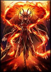  1girl antennae armor boots brown_hair brown_wings chinese_armor closed_mouth coat coat_on_shoulders e.g.o_(project_moon) feathered_wings fire fire_shawl full_body gauntlets gloves gold_trim highres library_of_ruina long_hair looking_at_viewer pelvic_curtain project_moon red_armor red_boots red_coat red_eyes red_gloves red_ribbon ribbon scale_print shawl solo suillus wings xiao_(project_moon) 