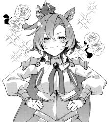  1girl amano_(amano_miko) animal_ears armor blush breasts cape closed_mouth crown ear_ornament ear_piercing flower greyscale hair_between_eyes highres horse_ears horse_girl long_sleeves looking_at_viewer medium_breasts mini_crown monochrome piercing shirt short_hair shoulder_armor skirt smile solo t.m._opera_o_(o_sole_suo!)_(umamusume) t.m._opera_o_(umamusume) umamusume upper_body 
