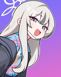  1girl blue_archive blue_shirt blush gradient_background grey_eyes grey_hair halo hawaiian_shirt highres jacket jorang_(jorang08) konoka_(blue_archive) long_hair looking_at_viewer looking_to_the_side mask mask_pull mouth_mask off_shoulder open_mouth outline shirt sidelocks smile solo upper_body white_outline 
