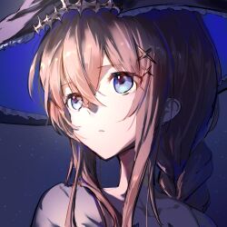  1girl amiya_(arknights) amiya_(medic)_(arknights) amiya_(medic)_(solo_around_the_world)_(arknights) arknights black_hat blue_eyes blue_hat braid brown_hair circon collarbone crossed_bangs expressionless eyelashes eyes_visible_through_hair frilled_headwear grey_shirt hair_between_eyes hair_ornament hairclip hashtag-only_commentary hat highres light_frown long_hair long_sidelocks looking_to_the_side low_twin_braids night night_sky official_alternate_costume outdoors parted_lips pointy_nose shirt sidelocks sky solo star_(sky) starry_sky twin_braids two-sided_fabric two-sided_headwear upper_body witch_hat 