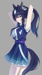  1girl absurdres animal_ears arms_behind_head belt blue_hair breasts cheerleader ear_covers from_side genkai_made_pom_pon!! grey_background hair_between_eyes highres horse_ears horse_girl horse_tail long_hair looking_at_viewer looking_to_the_side mole mole_under_eye pilinthia ponytail purple_belt short_sleeves sidelocks simple_background single_ear_cover solo tail tying_hair umamusume verxina_(umamusume) violet_eyes 