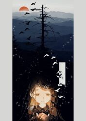  1girl absurdres bare_tree bird chi_(luckyeric320) closed_mouth collared_shirt cupping_hands detached_sleeves earrings gakuen_idolmaster glowing grey_hair grey_shirt hands_up highres idolmaster jewelry light_blush long_hair looking_down mountainous_horizon orange_eyes own_hands_together parted_bangs pillarboxed shinosawa_hiro shirt sky sleeveless sleeveless_shirt smile solo sparkle stud_earrings sunset tree upper_body white_sky 