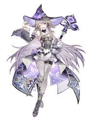  1girl brown_hair commentary detached_sleeves flower full_body grey_pantyhose hat hat_flower herta_(honkai:_star_rail) highres holding holding_staff honkai:_star_rail honkai_(series) index_finger_raised jewelry key key_necklace long_hair looking_at_viewer mage_staff nail_polish necklace one_eye_closed open_mouth osuzu0613 pantyhose purple_flower purple_nails signature simple_background skirt solo staff the_herta_(honkai:_star_rail) traditional_media very_long_hair violet_eyes white_background witch 