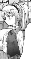 1girl artist_request blush character_request checkered_skirt eyebrows_visible_through_hair from_side hair_ornament hairband hand_on_own_chest headband long_sleeves lowres monochrome non-web_source ponytail profile ribbon skirt solo sweater_vest window