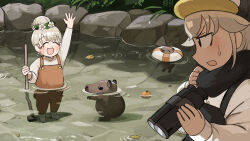  2girls :d absurdres binoculars bird black_overalls black_scarf capybara capybara_keeper_(diva) closed_eyes diva_(hyxpk) donut_stamp duck english_commentary flower_wreath food fruit grey_hair hair_bun hat head_wreath highres holding holding_binoculars leaf lifebuoy mandarin_orange multiple_girls orange_overalls overalls partially_submerged penguin_hat penguin_keeper_(diva) pond scarf shirt smile swim_ring white_shirt zoo zookeeper zookeepers_(diva) 