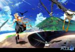  bird blonde_hair boon cat crow dress highres kamio_misuzu key landscape long_hair ocean scenery school_uniform seagull solo sora sora_(air) visualart wind 