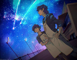 2boys apron blue_eyes blue_sky boardwalk brown_apron brown_pants cocconeis comet cup dock facing_another food_truck grey_hoodie grey_shirt hands_on_own_hips holding holding_cup hood hoodie kusanagi_jin kusanagi_shouichi lamppost looking_up male_focus multiple_boys night night_sky outdoors pants purple_hair purple_pants shirt shooting_star sky sleeves_rolled_up star_(sky) turning_head white_apron yu-gi-oh! yu-gi-oh!_vrains 