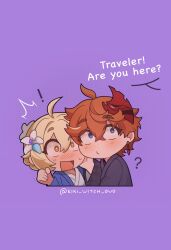  ! 1boy 1girl blonde_hair blue_eyes blush closed_mouth commentary earrings english_text flower genshin_impact hair_flower hair_ornament hand_on_another&#039;s_cheek hand_on_another&#039;s_face hashtag-only_commentary highres japanese_clothes jewelry kiki_witch kimono lumine_(genshin_impact) open_mouth orange_hair short_hair single_earring symbol-only_commentary tartaglia_(genshin_impact) twitter_username yellow_eyes 