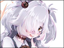  1girl black_eyes blue_archive blush bright_pupils brown_eyes brown_ribbon collared_shirt commentary eyeball_hair_ornament finger_to_mouth grey_hair hair_intakes hair_over_one_eye halo hand_up highres index_finger_raised kanoe_(blue_archive) long_hair looking_at_viewer multicolored_eyes nakamobu neck_ribbon one_eye_covered open_mouth orange_halo portrait ribbon school_uniform shirt simple_background smile solo spiky_hair symbol-only_commentary textless_version two-tone_eyes two_side_up white_background white_pupils white_shirt 