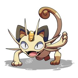  brown_fur fangs full_body looking_at_viewer meowth mistray-art no_humans open_mouth pokemon pokemon_(creature) signature simple_background solo tail white_background 
