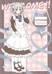  1girl acrylic_stand_(medium) alternate_costume animal_ears apron ascot blue_ascot blue_bow blue_ribbon bow bow_legwear brown_dress brown_shoes cat_ears cat_tail character_name closed_mouth colored_inner_hair commentary diagonal_bangs dress frilled_apron frilled_dress frills full_body hair_ribbon heart heart_of_string high_heels highres juliet_sleeves link!_like!_love_live! long_dress long_sleeves looking_at_viewer love_live! maid maid_apron maid_headdress mary_janes multicolored_hair nyan_nyan_nyan_fair_in_gamers pantyhose pink_background plaid_background puffy_sleeves red_eyes red_hair ribbon shoes short_hair smile solo songhuai symbol-only_commentary tail virtual_youtuber white_apron white_hair white_pantyhose yugiri_tsuzuri 