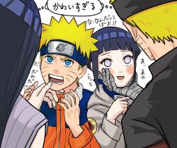  2boys 2girls bandaged_arm bandages black_hair black_headband blonde_hair blue_eyes blue_headband dual_persona forehead_protector grabbing_another&#039;s_chin hand_on_another&#039;s_chin headband highres konohagakure_symbol long_hair multiple_boys multiple_girls naruto:_the_last naruto_(classic) naruto_(series) notane_n open_mouth shared_thought_bubble smile speech_bubble thought_bubble translation_request violet_eyes 