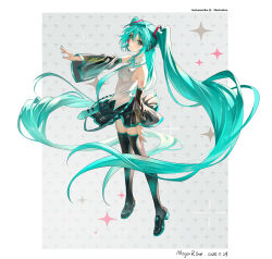  1girl absurdres aqua_eyes aqua_hair aqua_nails aqua_necktie artist_name bare_shoulders black_skirt black_sleeves black_thighhighs breasts character_name collared_shirt dated detached_sleeves grey_shirt hair_ornament hatsune_miku headset highres long_hair looking_at_viewer mogurine necktie number_tattoo shirt skirt sleeveless sleeveless_shirt solo tattoo thigh-highs twintails very_long_hair vocaloid 