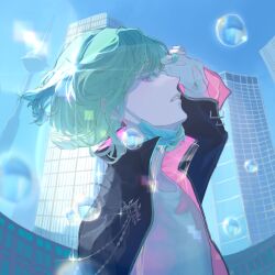  1boy absurdres black_jacket bob_cut bubble building chinese_commentary crew_neck day facing_up fisheye from_side green_hair hand_up highres jacket jitome lio_fotia long_sleeves looking_at_viewer male_focus mask mask_pull mouth_mask open_clothes open_jacket pink_jacket profile promare shading_eyes shirt short_hair sidelocks sideways_glance skyscraper solo sparkle surgical_mask tower two-sided_fabric two-sided_jacket violet_eyes white_shirt zongsi600 