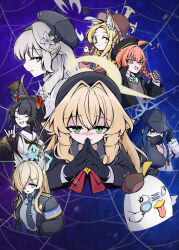  6+girls :d ;d ahoge alternate_costume animal_ear_fluff animal_ears baseball_cap beret bird bird_on_hand black_gloves black_hair black_halo black_hat black_jacket black_necktie blonde_hair blue_archive blue_hair blue_halo blunt_bangs braid brown_hat closed_mouth collared_shirt commentary_request cropped_torso deerstalker demon_girl demon_horns detective earrings extra_ears fingerless_gloves flower fluffy_hair fox_ears fox_girl fox_shadow_puppet frown gloves green_eyes grey_shirt hair_between_eyes hair_flower hair_intakes hair_ornament hair_over_one_eye halo hand_on_headwear hand_up hat highres himari_(blue_archive) holding holding_magnifying_glass hoop_earrings horns huge_ahoge jacket jewelry kanaeco25 kanna_(blue_archive) long_hair long_sleeves looking_at_viewer lower_teeth_only magnifying_glass mask mole mole_under_eye monocle mouth_mask multiple_girls necktie neru_(blue_archive) niya_(blue_archive) one_eye_closed one_eye_covered open_clothes open_jacket orange_eyes orange_hair own_hands_together parted_bangs parted_lips peroro_(blue_archive) pointy_ears police police_uniform policewoman professor_niyaniya_(blue_archive) profile rectangular_halo saori_(blue_archive) seia_(blue_archive) sharp_teeth shirt short_hair sidelocks silk single_braid sleeves_past_fingers sleeves_past_wrists slit_pupils smile spider_web steepled_fingers straight_hair teeth tongue tongue_out upper_body v-shaped_eyebrows violet_eyes white_flower white_halo yellow_eyes yellow_halo 