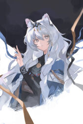  1girl absurdres animal_ear_fluff animal_ears arknights black_shirt braid bright_pupils cropped_torso grey_eyes hair_between_eyes hair_ornament hand_up highres linkai long_hair looking_at_viewer parted_lips pramanix_(arknights) pramanix_the_prerita_(arknights) shirt sketch solo white_hair white_pupils 