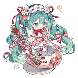  1girl absurdly_long_hair ankle_bow aqua_eyes aqua_hair argyle_clothes argyle_sleeves asymmetrical_dress bare_shoulders bow bow_legwear bow_skirt bowtie center_frills chibi chinese_commentary collared_dress colored_tips commentary_request corset derivative_work detached_sleeves dress eating expressionless eyelashes flower food food-themed_hair_ornament fork frilled_hairband frilled_sleeves frilled_thighhighs frills fruit hair_between_eyes hair_bow hair_flower hair_ornament hair_ribbon hairband hatsune_miku highres holding holding_food holding_fork holding_fruit lace-trimmed_bow lace_trim leg_up light_blush light_particles lolita_hairband long_dress long_hair long_sleeves looking_ahead low-tied_long_hair macaron medium_skirt multicolored_hair musical_note_brooch open_mouth oversized_object plaid_clothes plaid_skirt plate puffy_long_sleeves puffy_sleeves red_bow red_bowtie red_corset red_ribbon red_shoes red_skirt ribbon ribbon-trimmed_bow ribbon-trimmed_hairband ribbon-trimmed_thighhighs ribbon_trim shadow shoes showgirl_skirt simple_background single_stripe skirt sleeve_bow sleeveless sleeveless_dress solo strawberry strawberry_hair_ornament strawberry_miku_(morikura) striped_ribbon thigh-highs tie_clip very_long_hair vocaloid wavy_hair white_background white_dress white_flower white_hairband white_ribbon white_sleeves white_thighhighs yanshuangjun 