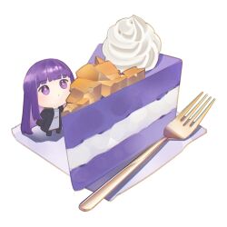  1girl black_coat blunt_bangs cake cake_slice chibi chibi_only closed_mouth coat dot_mouth dress fern_(sousou_no_frieren) food fork highres ikachyu long_hair looking_at_food purple_hair solo sousou_no_frieren standing straight_hair violet_eyes whipped_cream white_background white_dress 