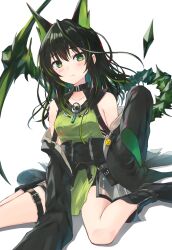 1girl akabane_hibame arknights bare_legs bare_shoulders black_coat black_hair black_shorts boots breasts clothes_pull coat dress frown full_body green_dress green_eyes green_hair hair_between_eyes hand_up highres jacket jacket_pull long_hair medium_breasts medium_hair mon3tr_(arknights) multicolored_hair off_shoulder short_shorts shorts sitting solo streaked_hair tail thigh_strap two-tone_hair 