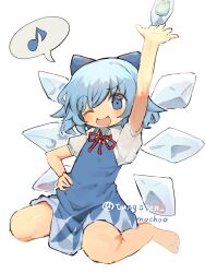  1girl blue_bow blue_dress blue_hair blush bow cirno cirno_day detached_wings dress fairy fairy_wings frog frozen hair_bow highres ice ice_wings one_eye_closed open_mouth pinafore_dress puffy_short_sleeves puffy_sleeves short_sleeves sleeveless sleeveless_dress solo speech_bubble touhou tungsten_mochoo white_background wings 