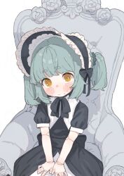  1girl @_@ aqua_hair armchair black_dress blush bonnet chair closed_mouth commentary commission cropped doll_joints dress english_commentary highres joints lolita_fashion looking_at_viewer orange_eyes original possummachine puffy_short_sleeves puffy_sleeves shoes short_hair short_sleeves sitting solo thick_eyebrows twintails white_background 