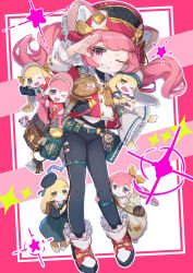  1girl animal animal_ear_fluff bag belt black_leggings black_shirt black_shoes brown_bag cropped_shirt frilled_sleeves frills full_body green_belt grin hand_on_own_head hat highres holding holding_animal holding_rabbit ikpde leggings long_hair long_sleeves looking_at_viewer multicolored_shirt one_eye_closed original pink_eyes pink_hair pink_hat pink_shirt rabbit shirt shoes shoulder_bag smile standing thigh_strap twintails undershirt white_shirt 