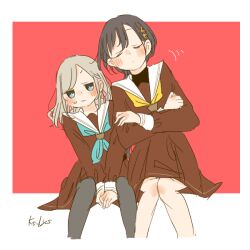  2girls aqua_neckerchief black_hair black_pantyhose blue_eyes blush border brown_dress ceras_yanagida_lilienfeld closed_eyes closed_mouth cropped_legs dot_mouth dress edel_note grey_hair hair_ornament hair_ribbon hasu_no_sora_school_uniform invisible_chair jellyfish_cut jitome kase_(ks_lys) katsuragi_izumi leaning_on_person leaning_to_the_side link!_like!_love_live! long_hair long_sleeves love_live! medium_dress motion_lines multiple_girls neckerchief outside_border pantyhose pink_ribbon pleated_dress red_background ribbon sailor_collar sailor_dress school_uniform sitting sweatdrop triangle_hair_ornament twitter_username u_u virtual_youtuber white_border white_sailor_collar winter_uniform yellow_neckerchief 