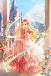  1girl bird blonde_hair building castle cliff closed_mouth clouds day dress european_architecture flower full_body highres long_hair looking_at_viewer marie_(saga) official_art outdoors pink_dress romancing_saga_re;universe saga saga_frontier_2 solo sousou_(sousouworks) spire square_enix standing 