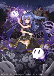  1girl black_dress black_sky black_thighhighs blue_hair closed_mouth copyright_notice demon_girl demon_wings dress gradient_hair hair_ornament hairpin kei_s01 long_hair looking_at_viewer multicolored_hair night night_sky official_art purple_hair red_eyes sky smile solo soyuragi_(wixoss) star_(sky) starry_sky thigh-highs very_long_hair wings wixoss 